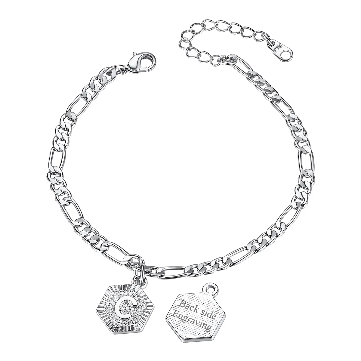 Bracelet de Cheville Personnalisé A-Z avec Chaîne Figaro pour Femme Argenté C
