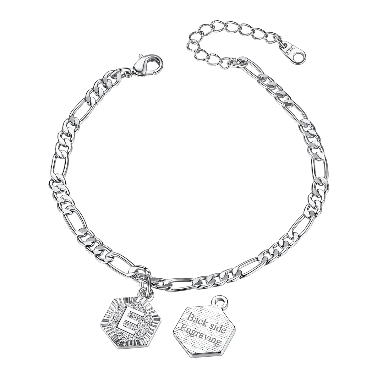 Bracelet de Cheville Personnalisé A-Z avec Chaîne Figaro pour Femme Argenté E
