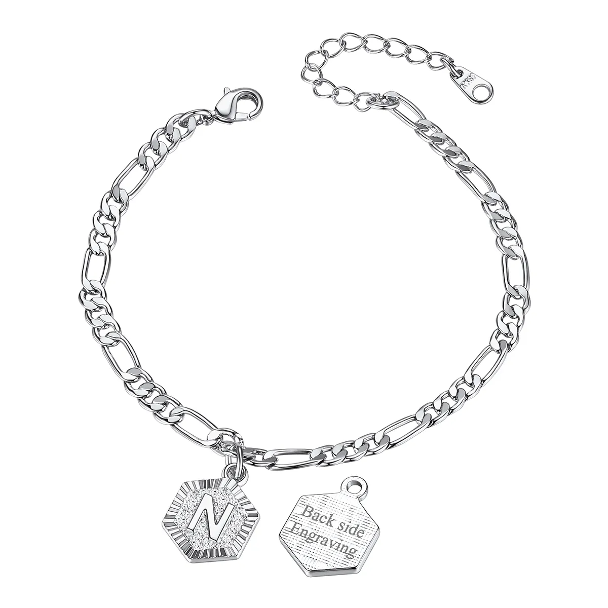 Bracelet de Cheville Personnalisé A-Z avec Chaîne Figaro pour Femme Argenté N