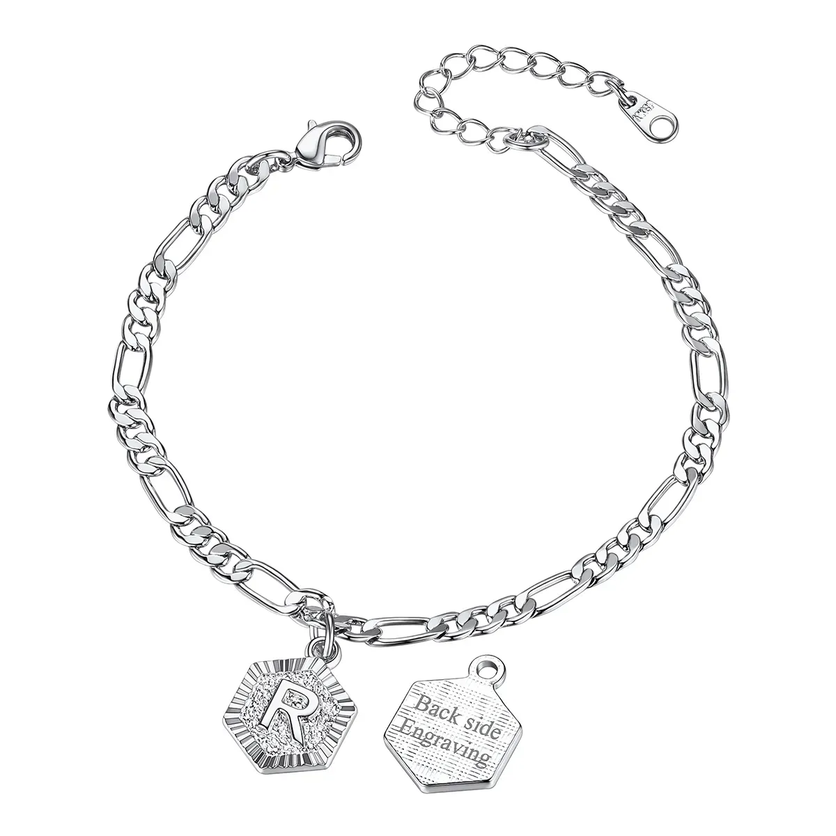 Bracelet de Cheville Personnalisé A-Z avec Chaîne Figaro pour Femme Argenté R
