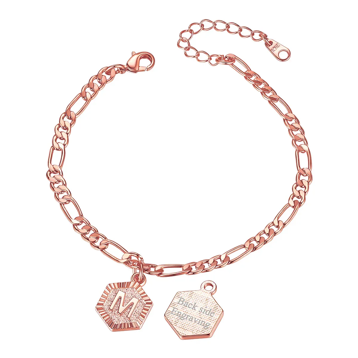 Bracelet de Cheville Personnalisé A-Z avec Chaîne Figaro pour Femme Or Rose M