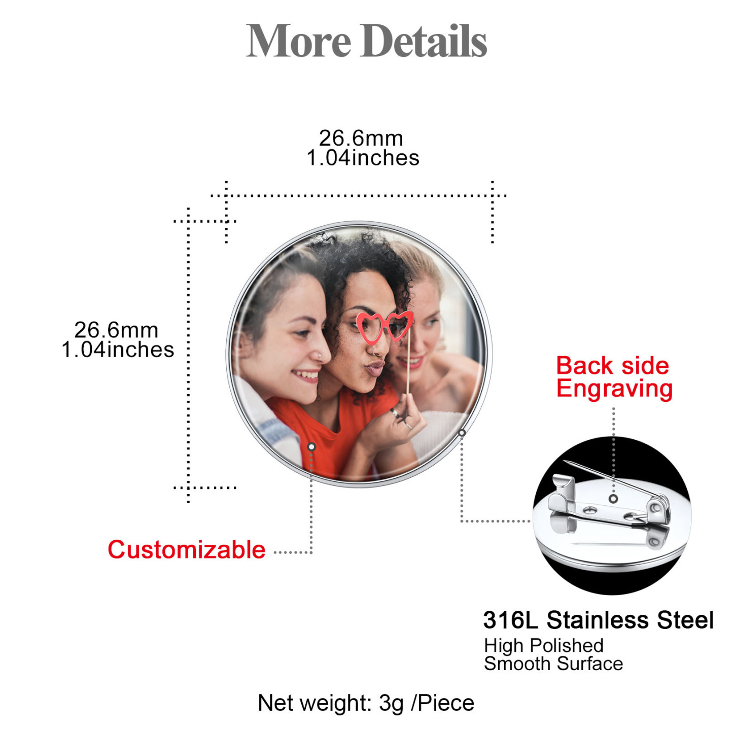 Broche Photo Personnalisée avec Charme Gravé pour Femmes et Hommes Taille 