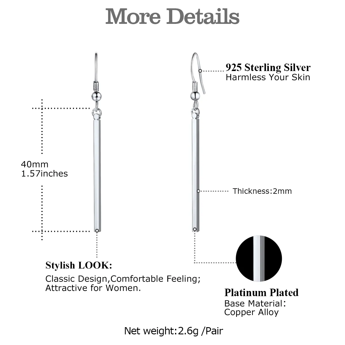 Boucles d'Oreilles Pendantes Géométriques Personnalisables en Barre Taille