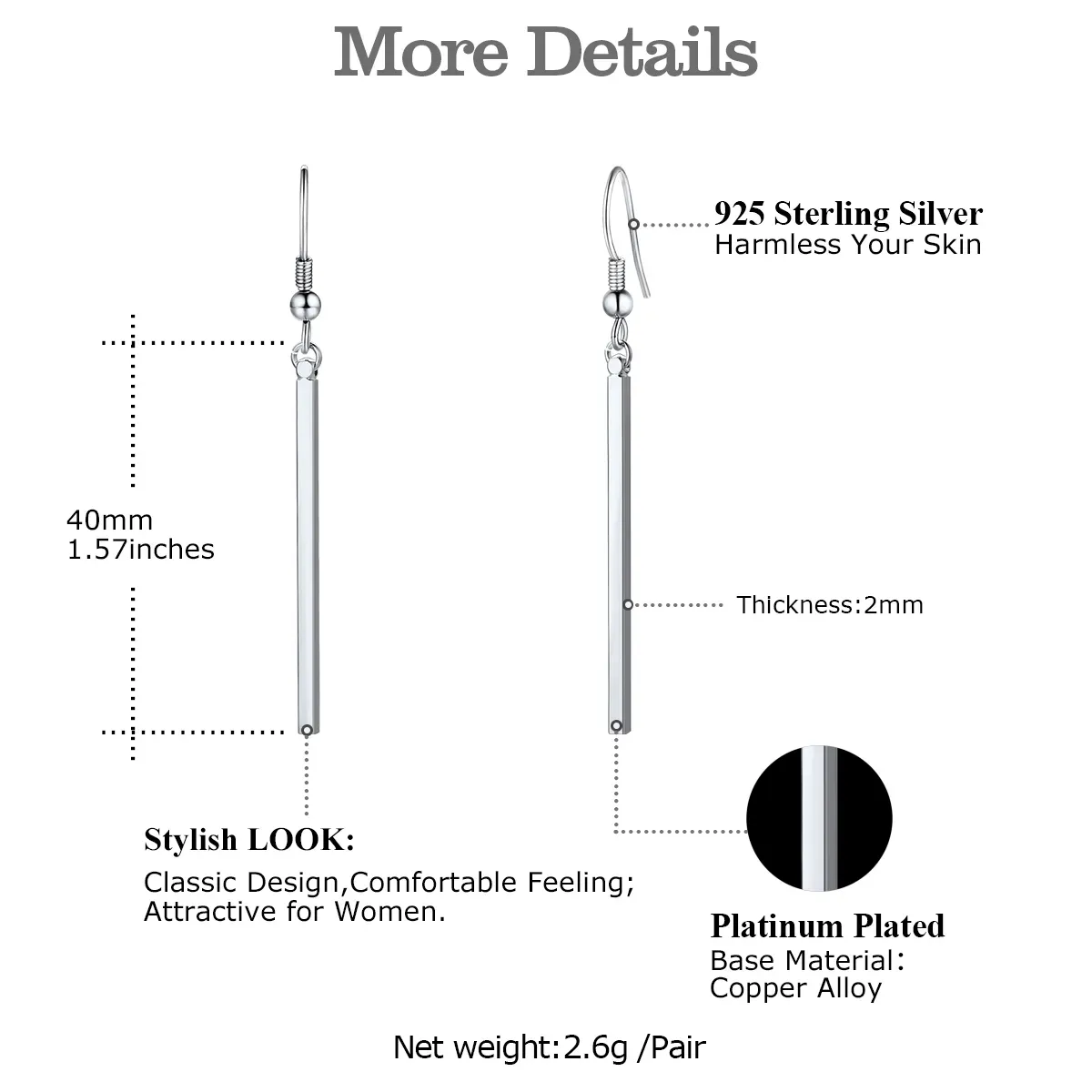 Boucles d'Oreilles Pendantes Géométriques Personnalisables en Barre Taille