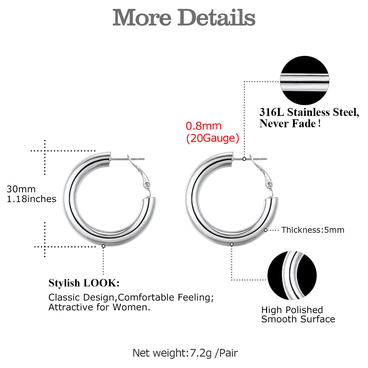 Boucles d'Oreilles Créoles Chunky en Acier Inoxydable Taille 30mm