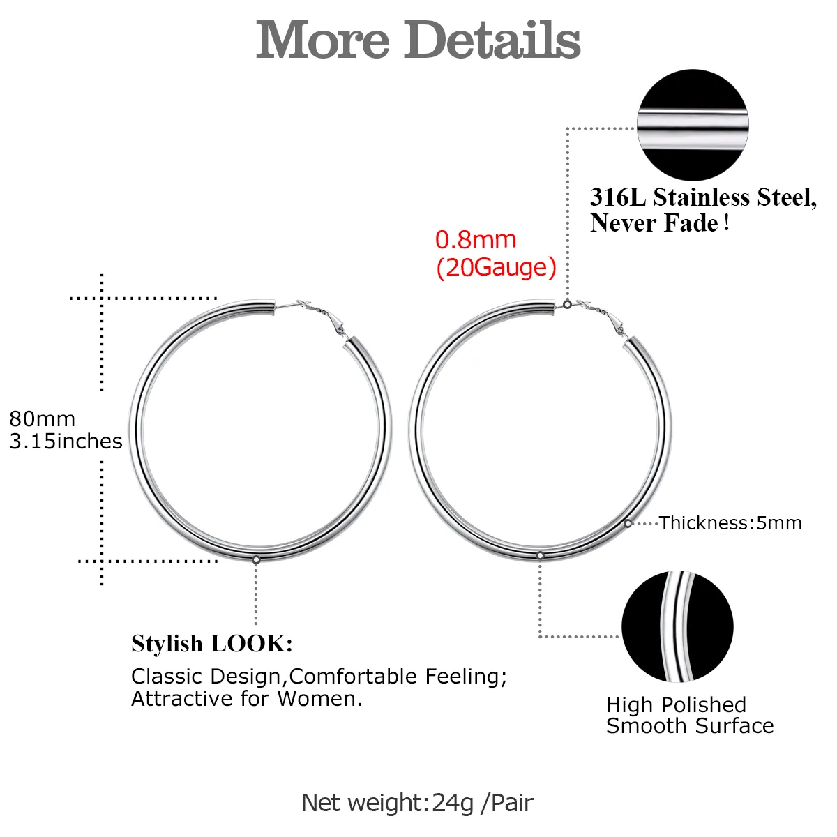 Boucles d'Oreilles Créoles Chunky en Acier Inoxydable pour Femmes Taille 80mm