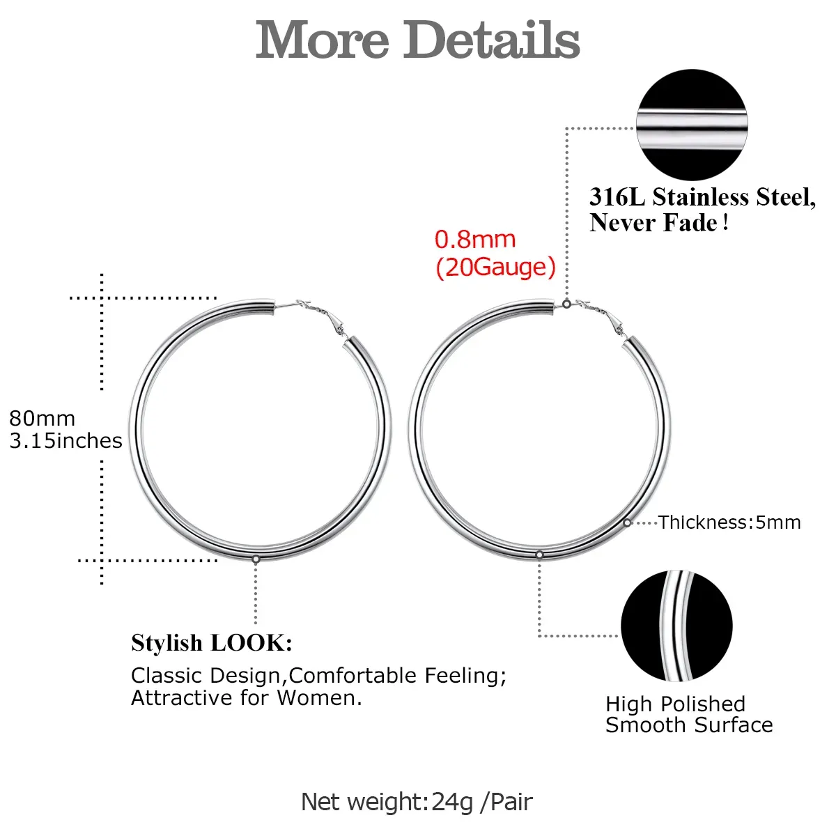 Boucles d'Oreilles Créoles Chunky en Acier Inoxydable pour Femmes Taille 80mm