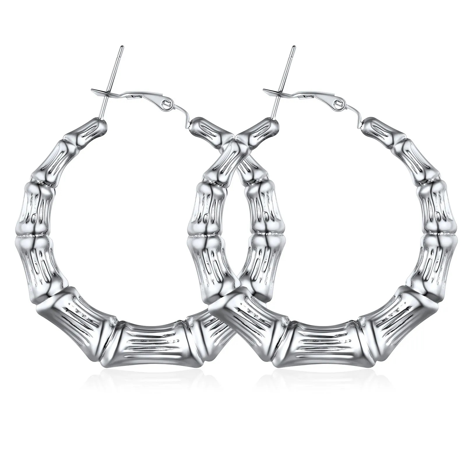 Boucles d'Oreilles Créoles Bambou Plaqué Or pour Femmes Argenté 40mm