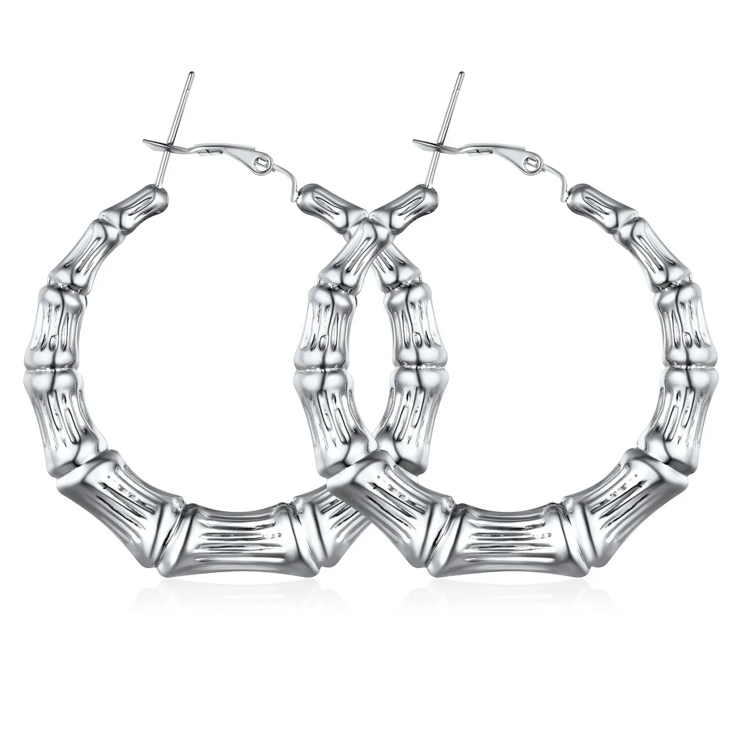 Boucles d'Oreilles Créoles Bambou Plaqué Or pour Femmes Argenté 40mm
