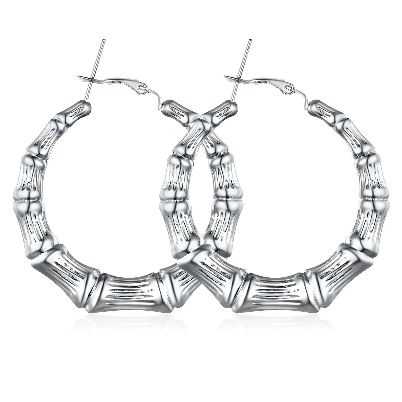 Boucles d'Oreilles Créoles Bambou Plaqué Or pour Femmes Argenté 40mm