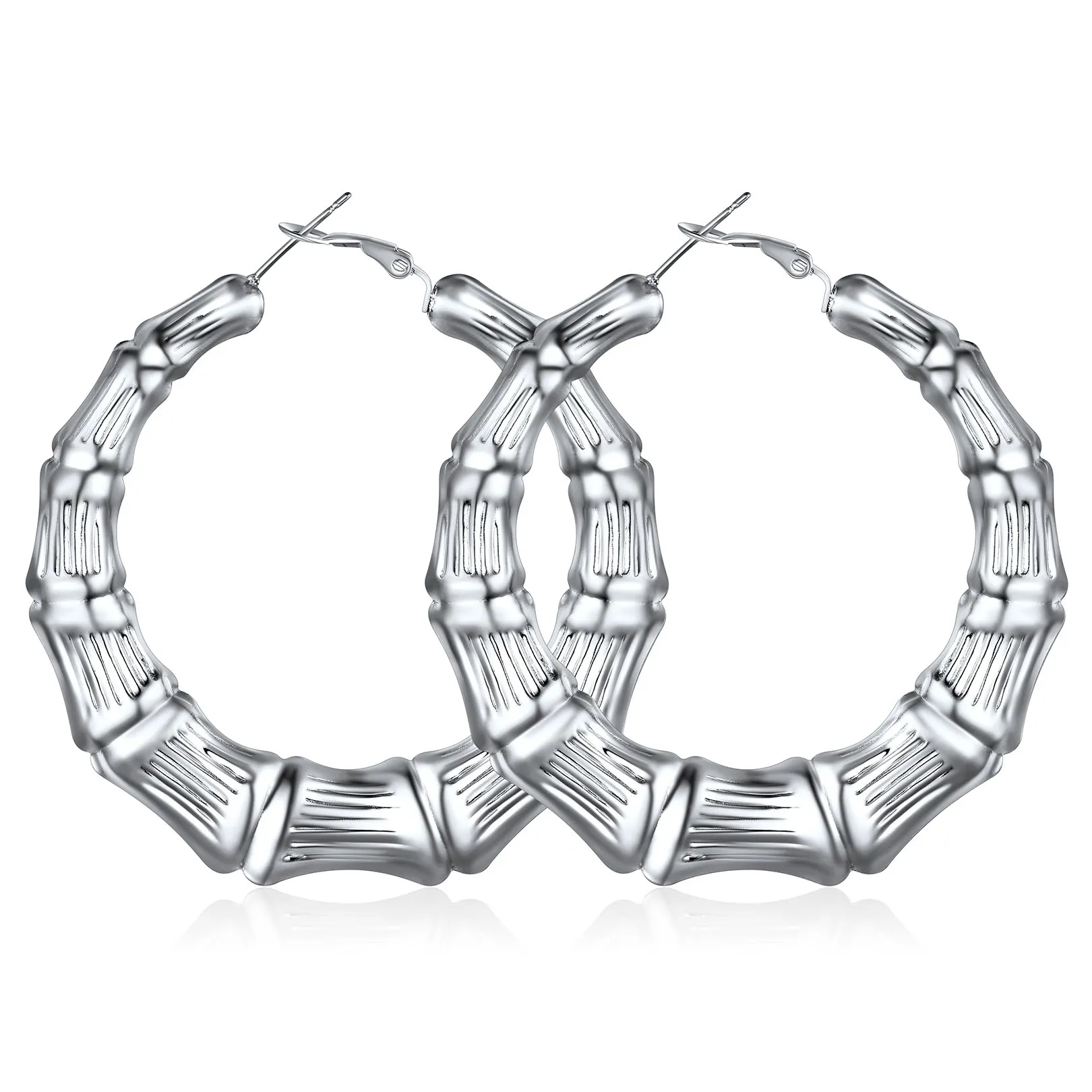 Boucles d'Oreilles Créoles Bambou Plaqué Or pour Femmes Argenté 60mm