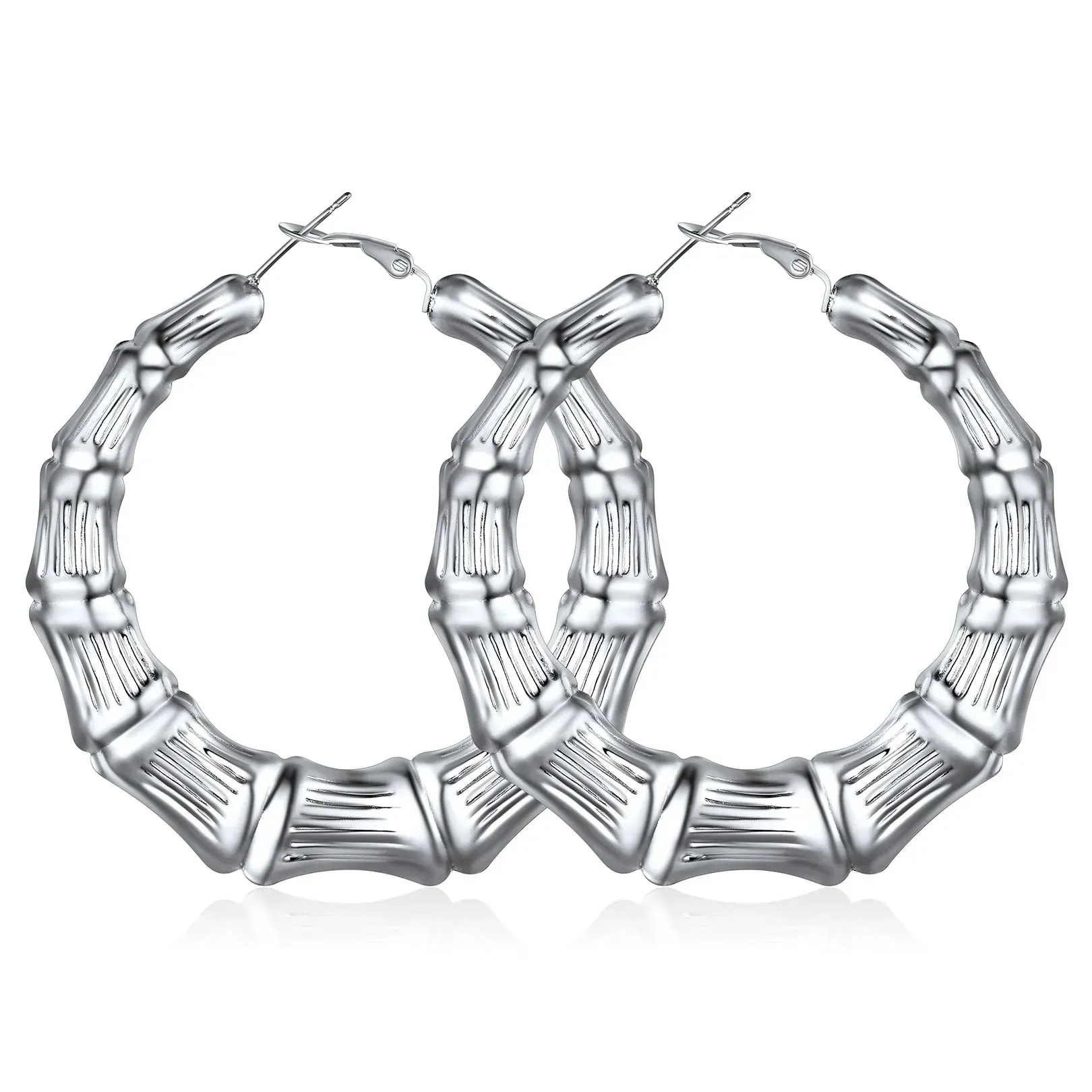 Boucles d'Oreilles Créoles Bambou Plaqué Or pour Femmes Argenté 60mm