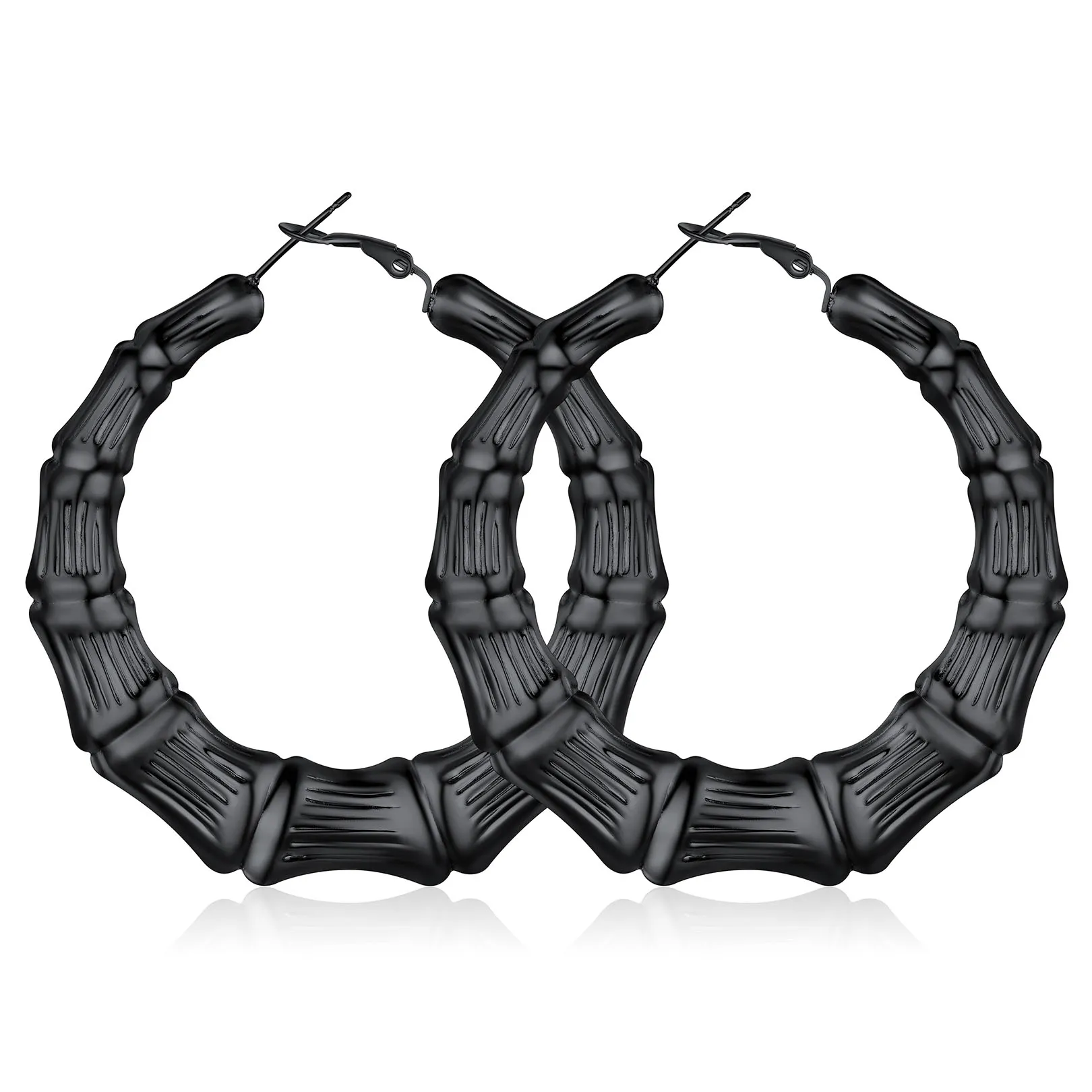 Boucles d'Oreilles Créoles Bambou Plaqué Or pour Femmes Noir 60mm