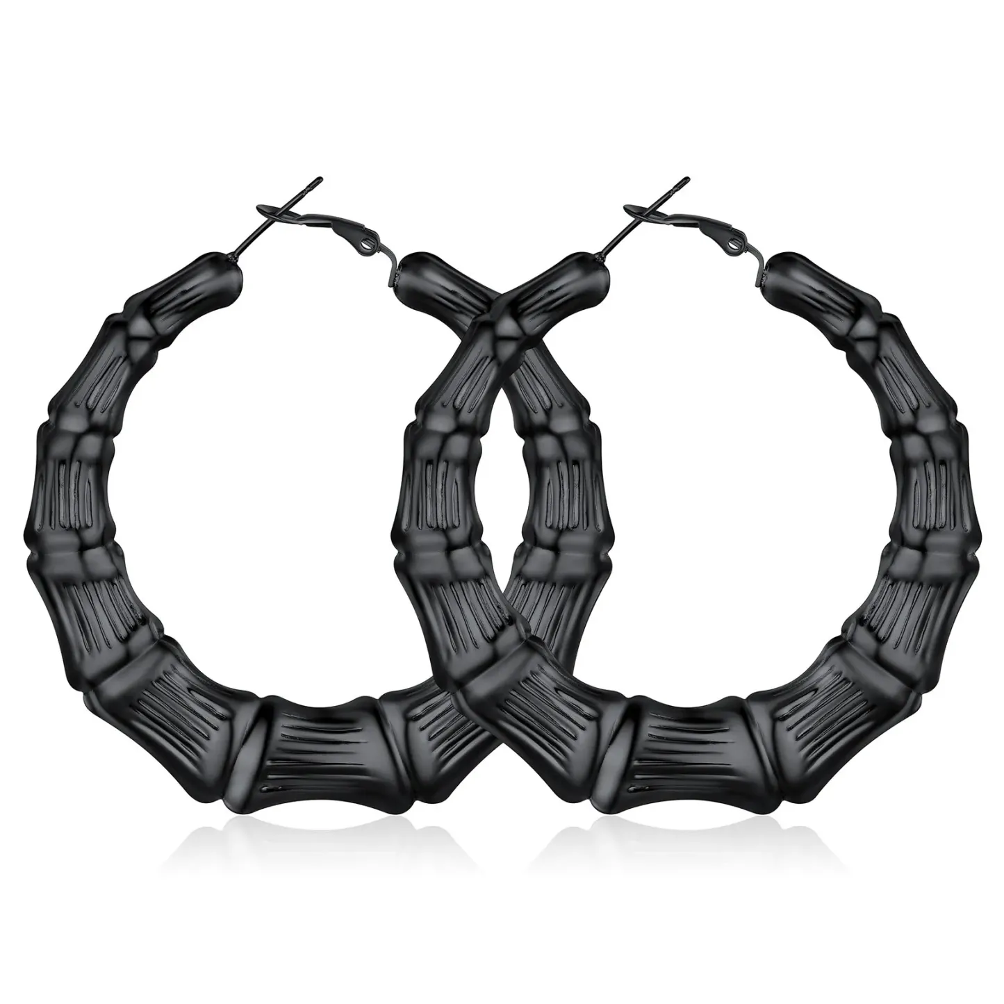 Boucles d'Oreilles Créoles Bambou Plaqué Or pour Femmes Noir 60mm