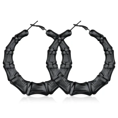 Boucles d'Oreilles Créoles Bambou Plaqué Or pour Femmes Noir 60mm