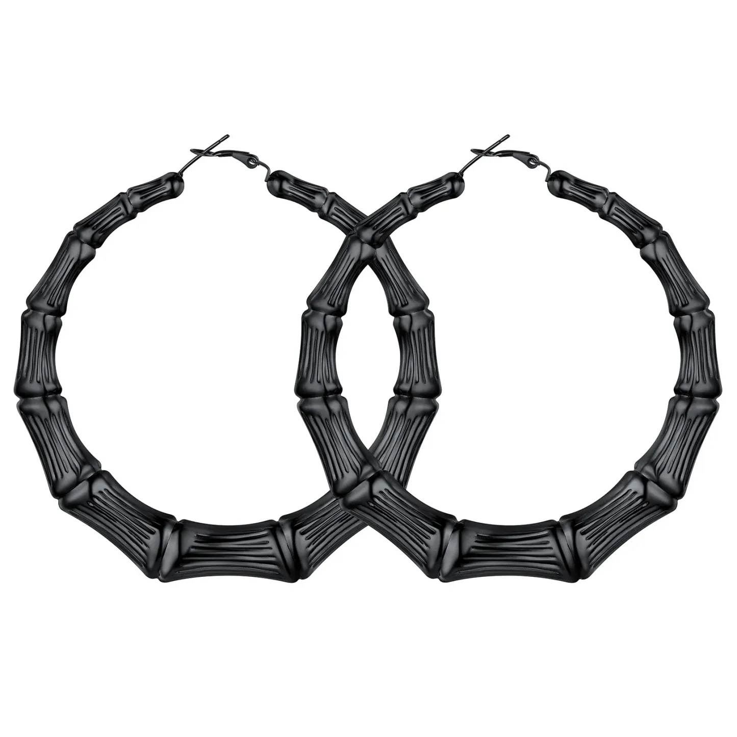 Boucles d'Oreilles Créoles Bambou Plaqué Or pour Femmes Noir 80mm