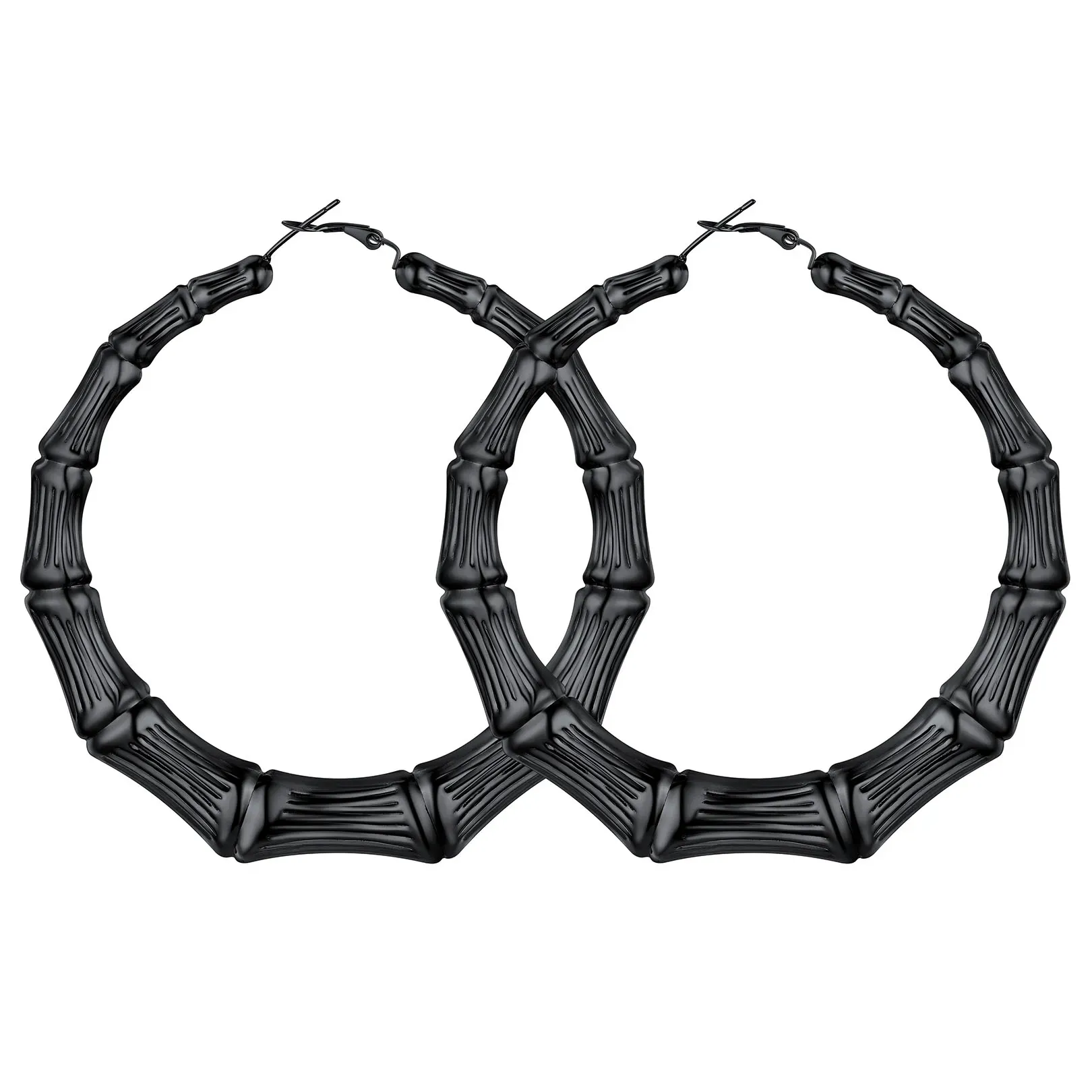 Boucles d'Oreilles Créoles Bambou Plaqué Or pour Femmes Noir 80mm