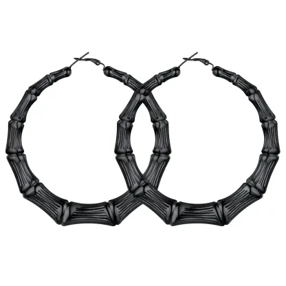 Boucles d'Oreilles Créoles Bambou Plaqué Or pour Femmes Noir 80mm