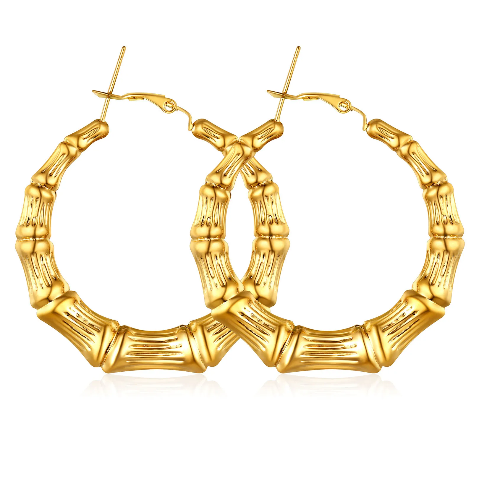 Boucles d'Oreilles Créoles Bambou Plaqué Or pour Femmes Or 40mm