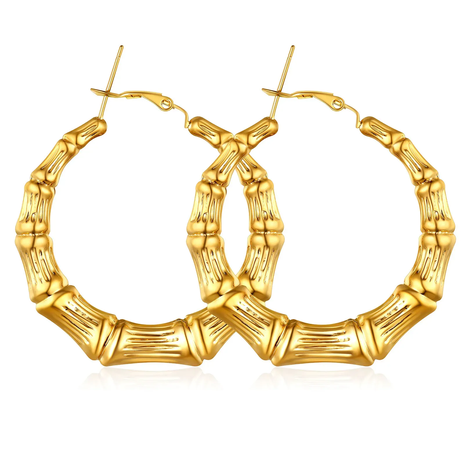 Boucles d'Oreilles Créoles Bambou Plaqué Or pour Femmes Or 40mm