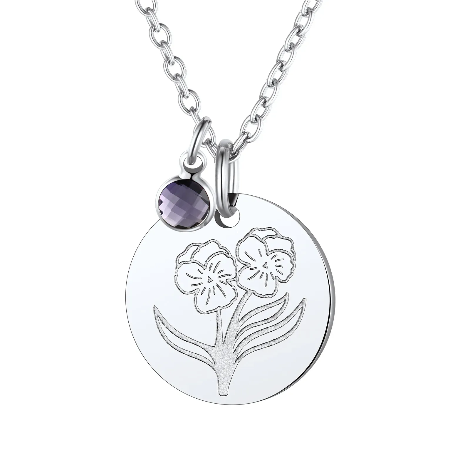  Collier Pendentif avec Fleur de Naissance et Pierre de Naissance Février-Améthyste