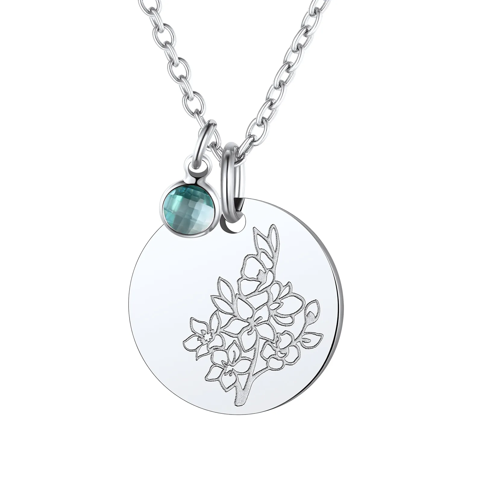  Collier Pendentif avec Fleur de Naissance Mars-Aiguemarine