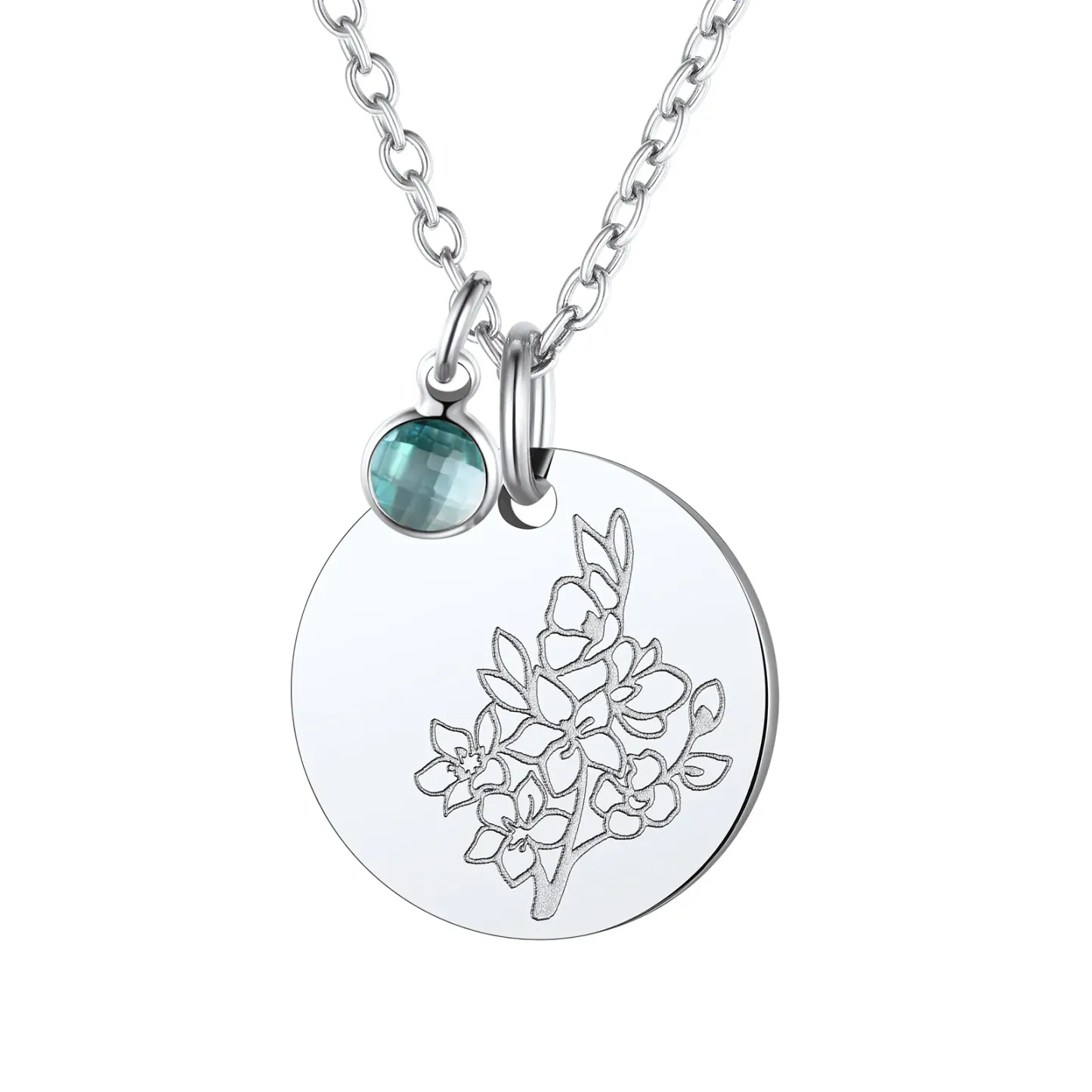  Collier Pendentif avec Fleur de Naissance Mars-Aiguemarine