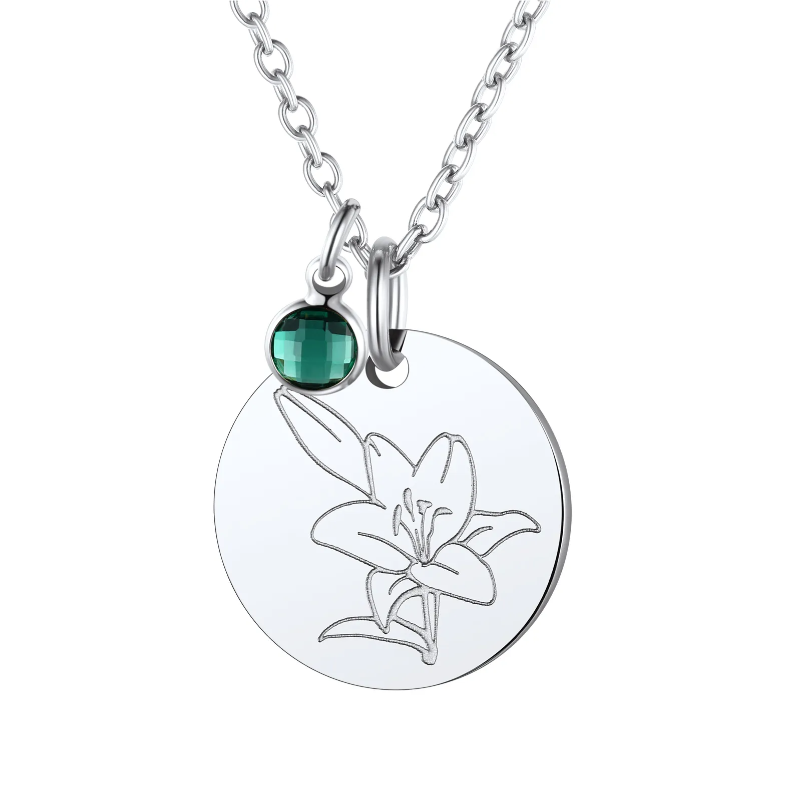  Collier Pendentif avec Fleur de Naissance Mai-Emeraude