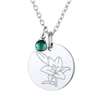  Collier Pendentif avec Fleur de Naissance Mai-Emeraude