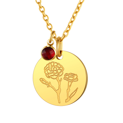  Collier avec Fleur de Naissance et Pierre de Naissance Janvier-Grenat