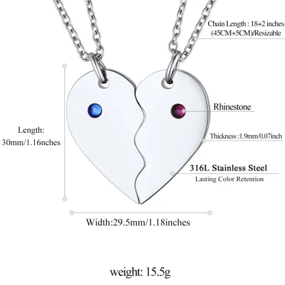 Collier Puzzle Cœur Personnalisé avec Pierre de Naissance pour Couple Taille 