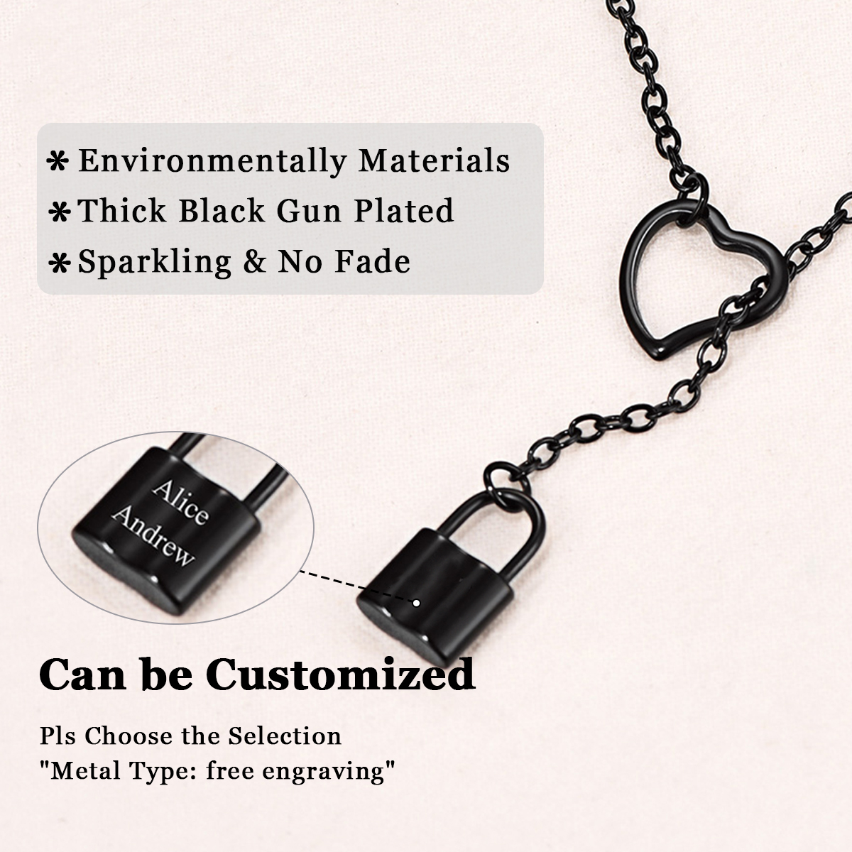 Collier Lariat Fin Personnalisé Gravé en Y pour Femme Noir Détail