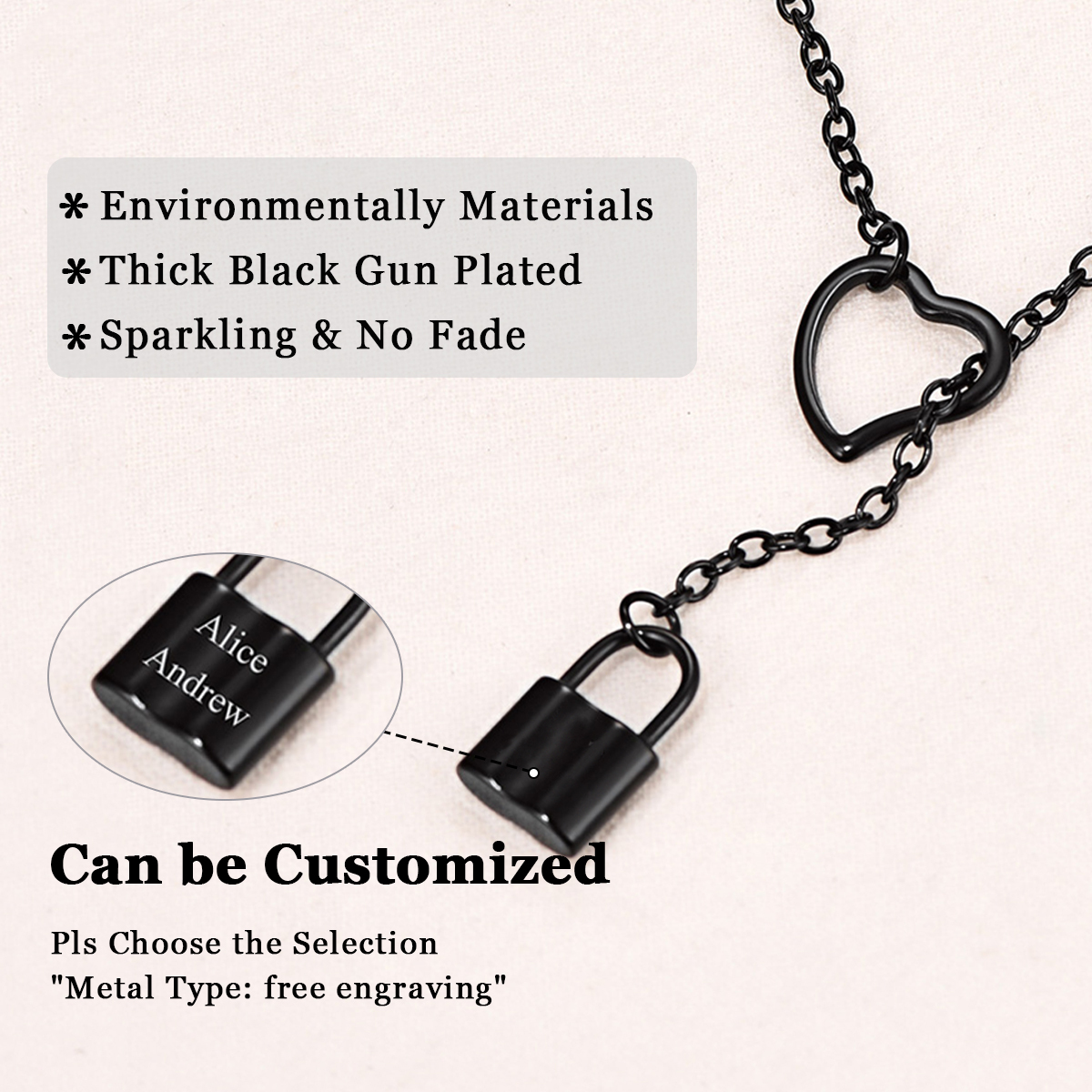 Collier Lariat Fin Personnalisé Gravé en Y pour Femme Noir Détail