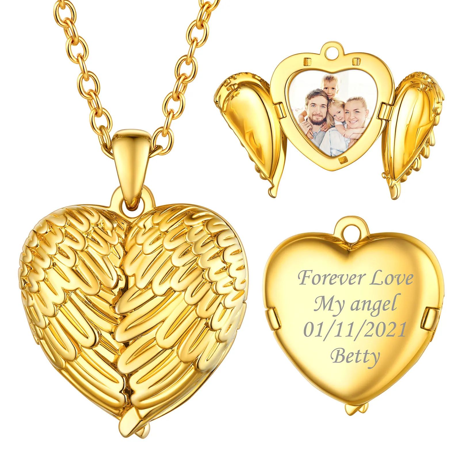 Collier or Médaillon Cœur avec Ailes d'Ange et Photo Souvenir