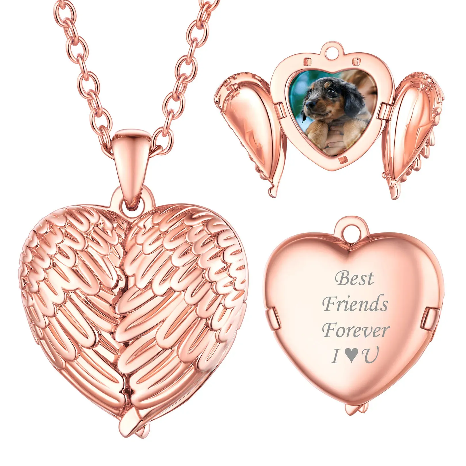 Collier or rose en Forme de Cœur avec Ailes d'Ange et Photo Personnalisée