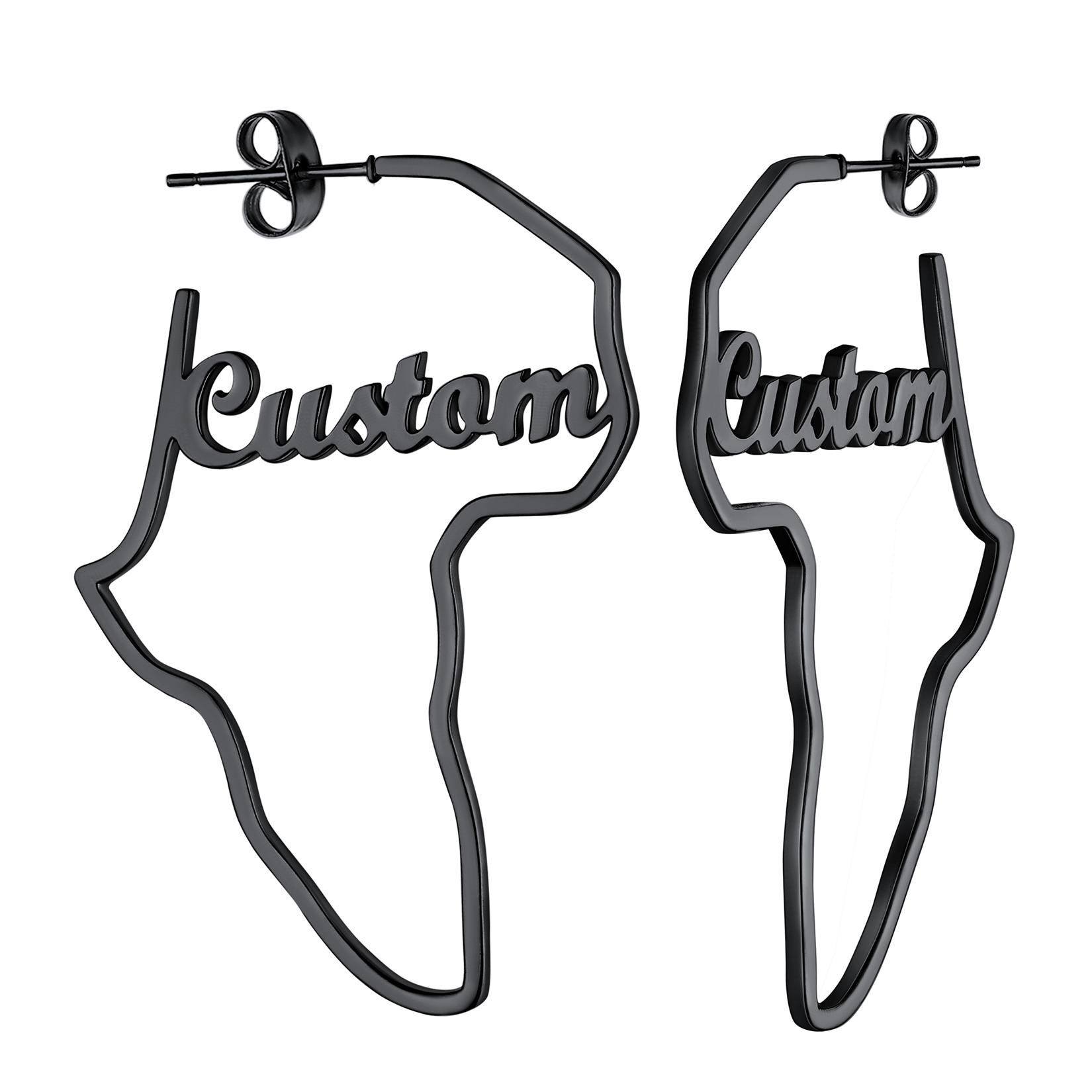Boucles d’Oreilles Carte d’Afrique Personnalisées avec Nom Noir
