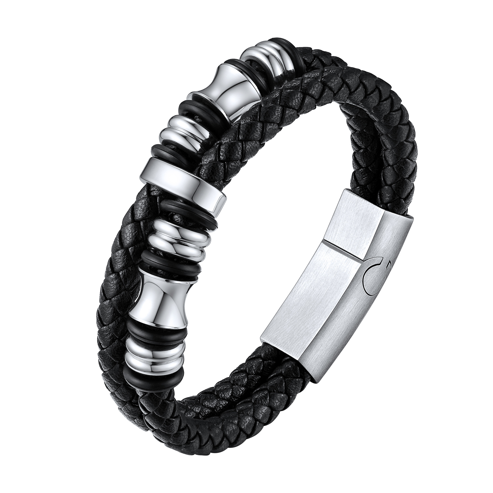 Bracelet en Cuir avec Fermoir en Acier Inoxydable Noir pour Homme Argenté