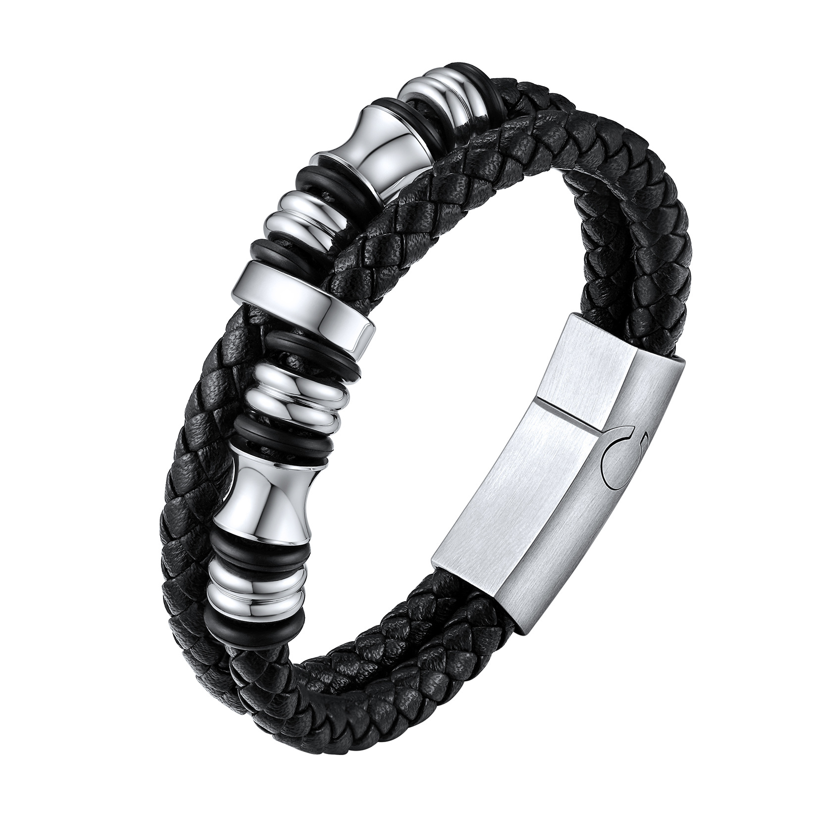 Bracelet en Cuir avec Fermoir en Acier Inoxydable Noir pour Homme Argenté