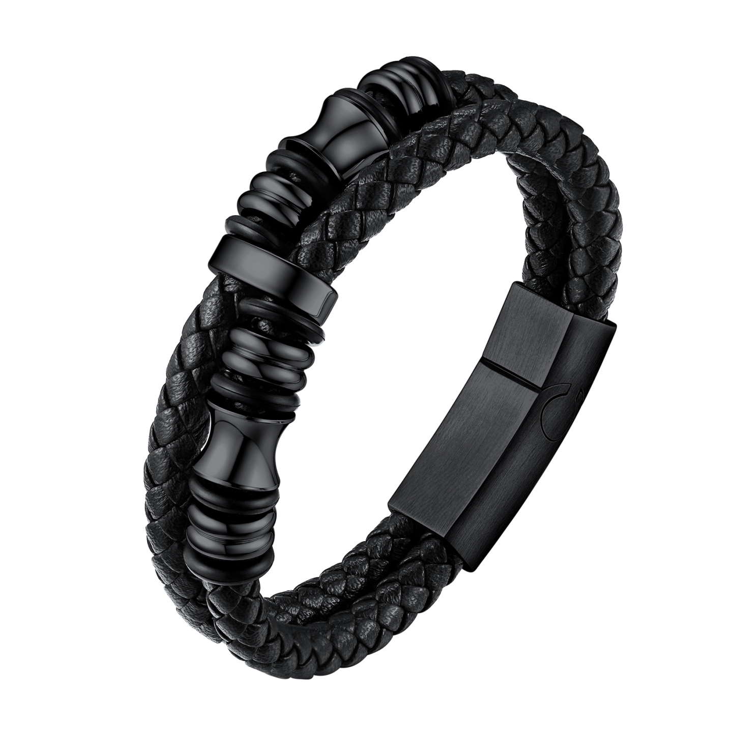 Bracelet en Cuir avec Fermoir en Acier Inoxydable pour Homme Noir