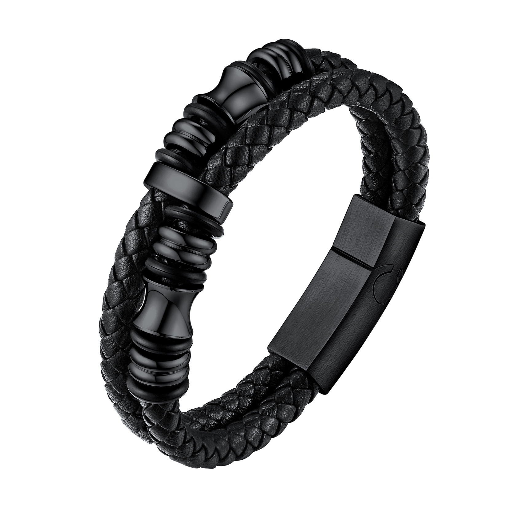 Bracelet en Cuir avec Fermoir en Acier Inoxydable pour Homme Noir