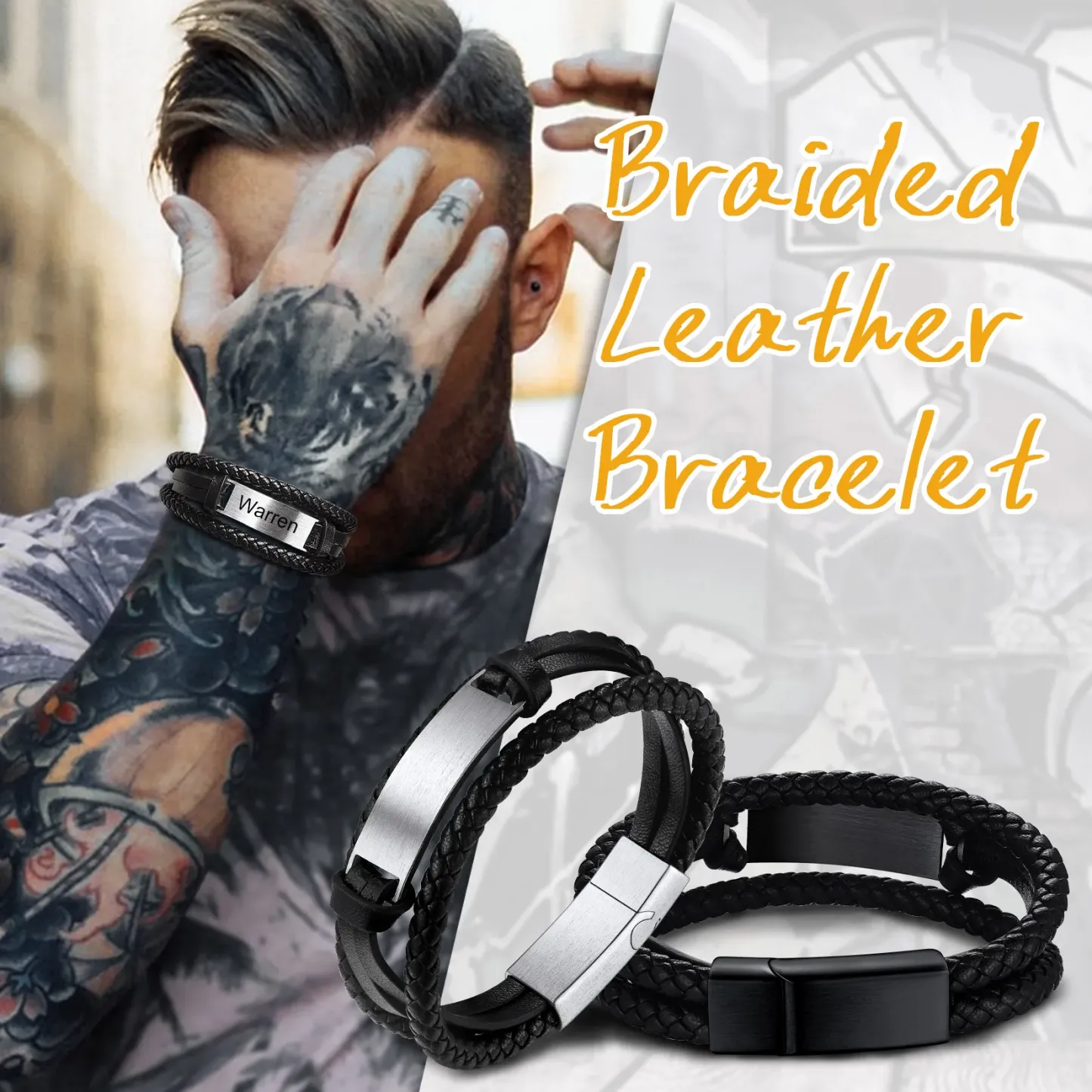 Bracelet en Cuir Tressé Personnalisé Gravé pour Homme
