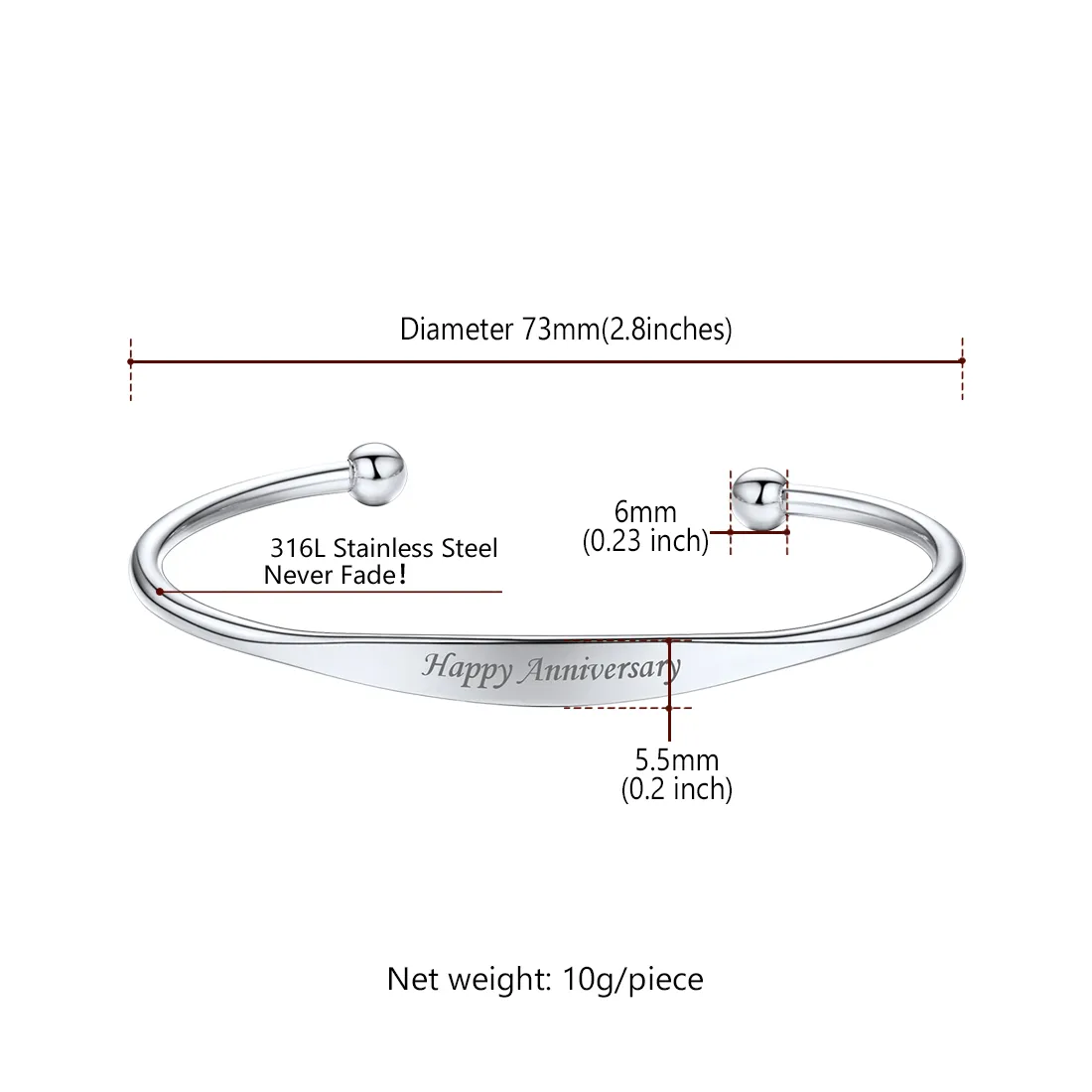 Bracelet Manchette Personnalisé Gravé avec Nom pour Femme Taille