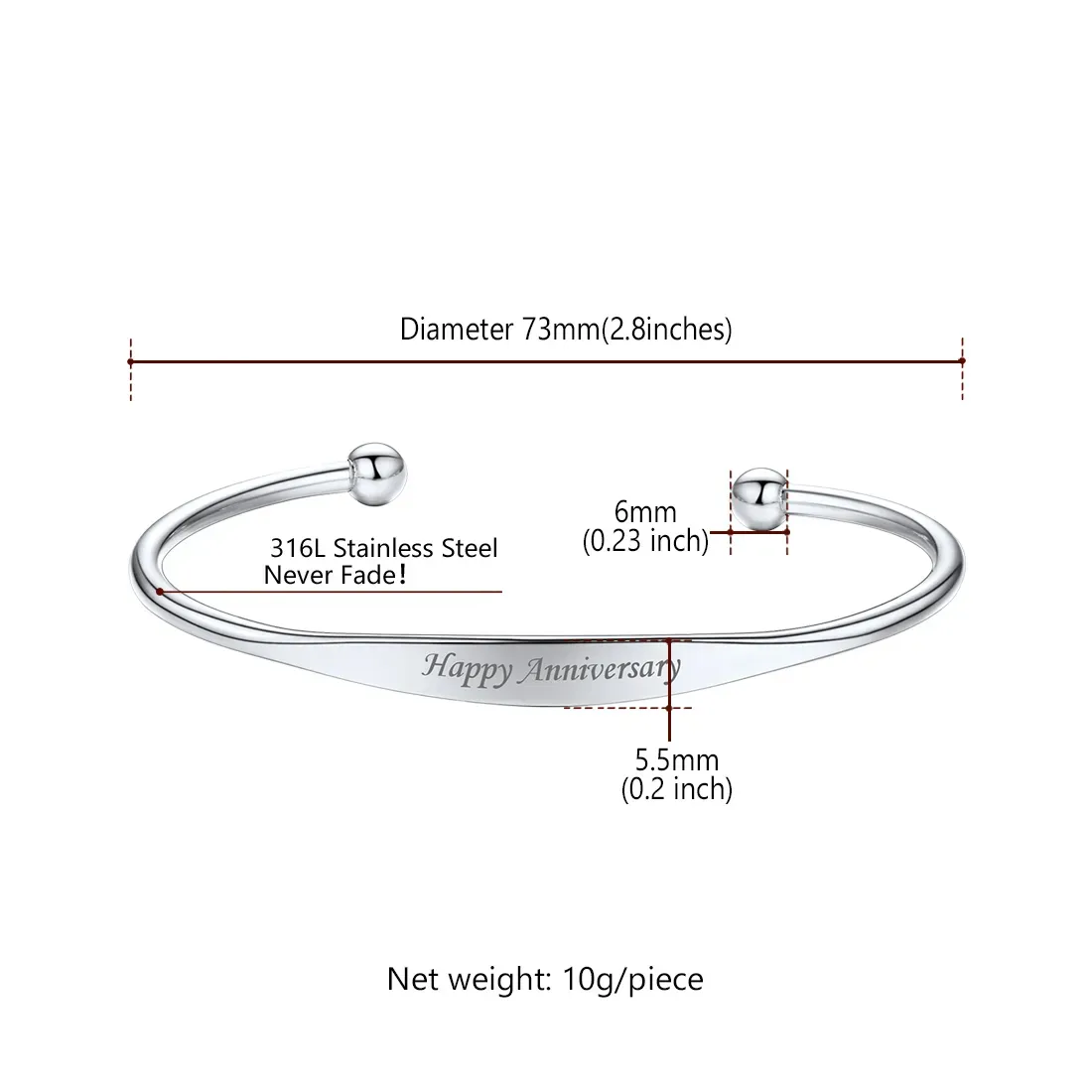 Bracelet Manchette Personnalisé Gravé avec Nom pour Femme Taille