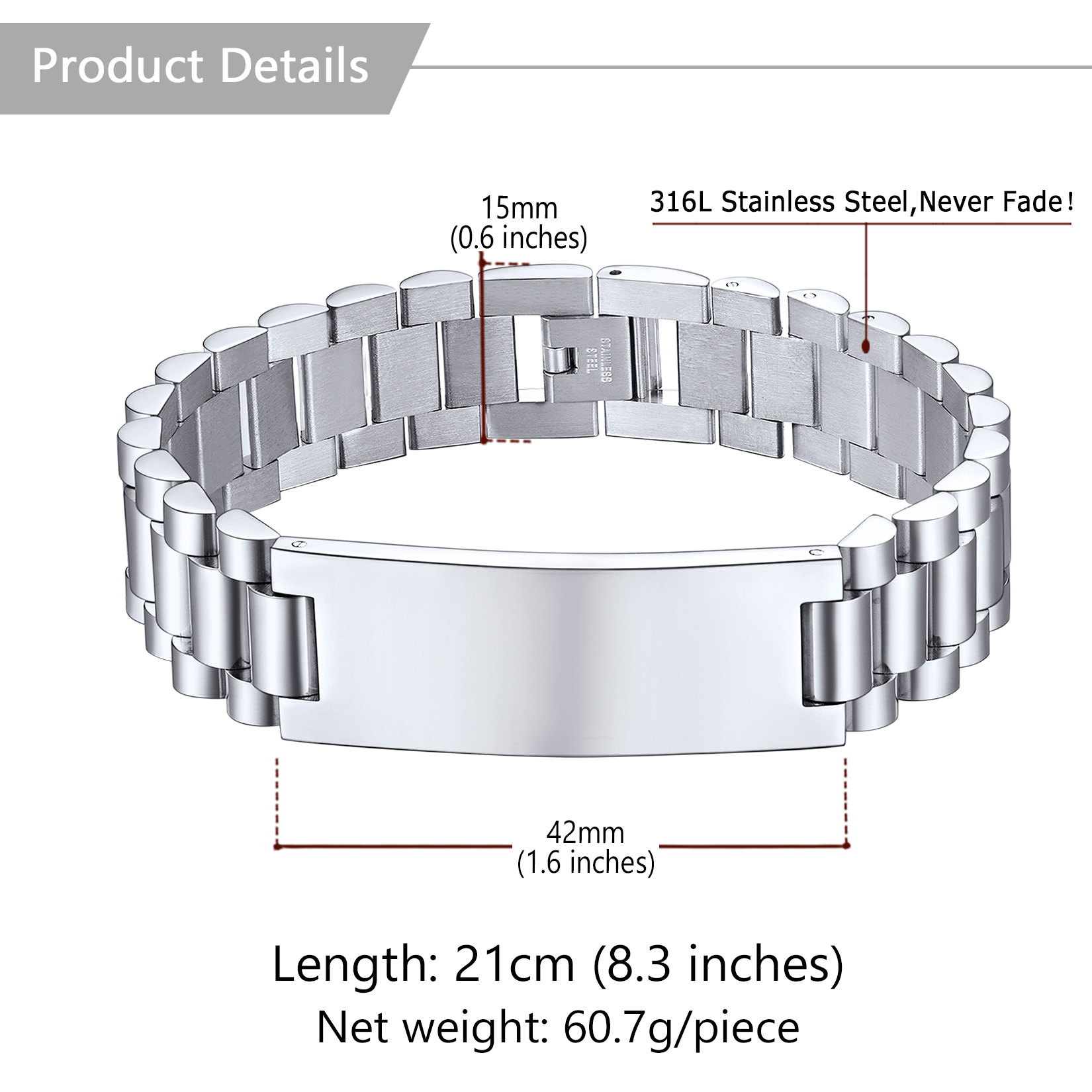 Bracelet ID en Acier Inoxydable Gravé Personnalisé pour Homme size