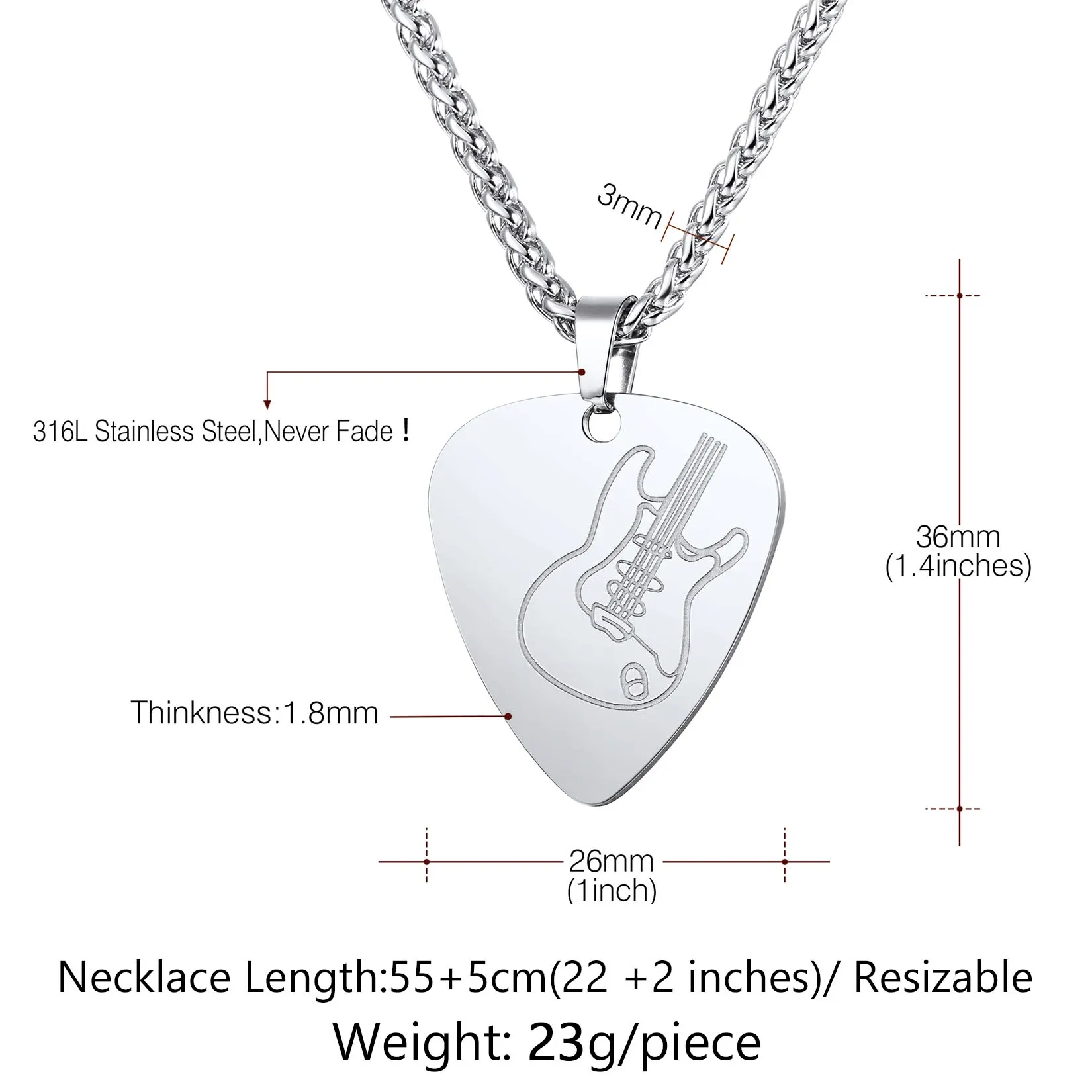 Collier Médaillon Pick de Guitare Personnalisé Taille