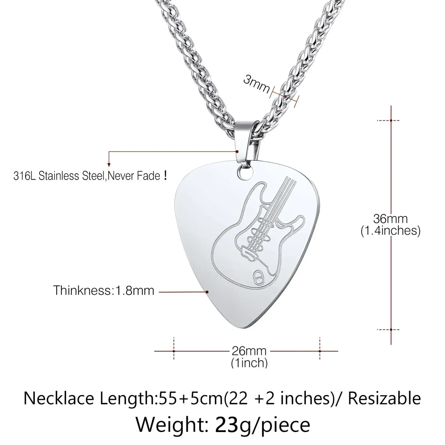 Collier Médaillon Pick de Guitare Personnalisé Taille