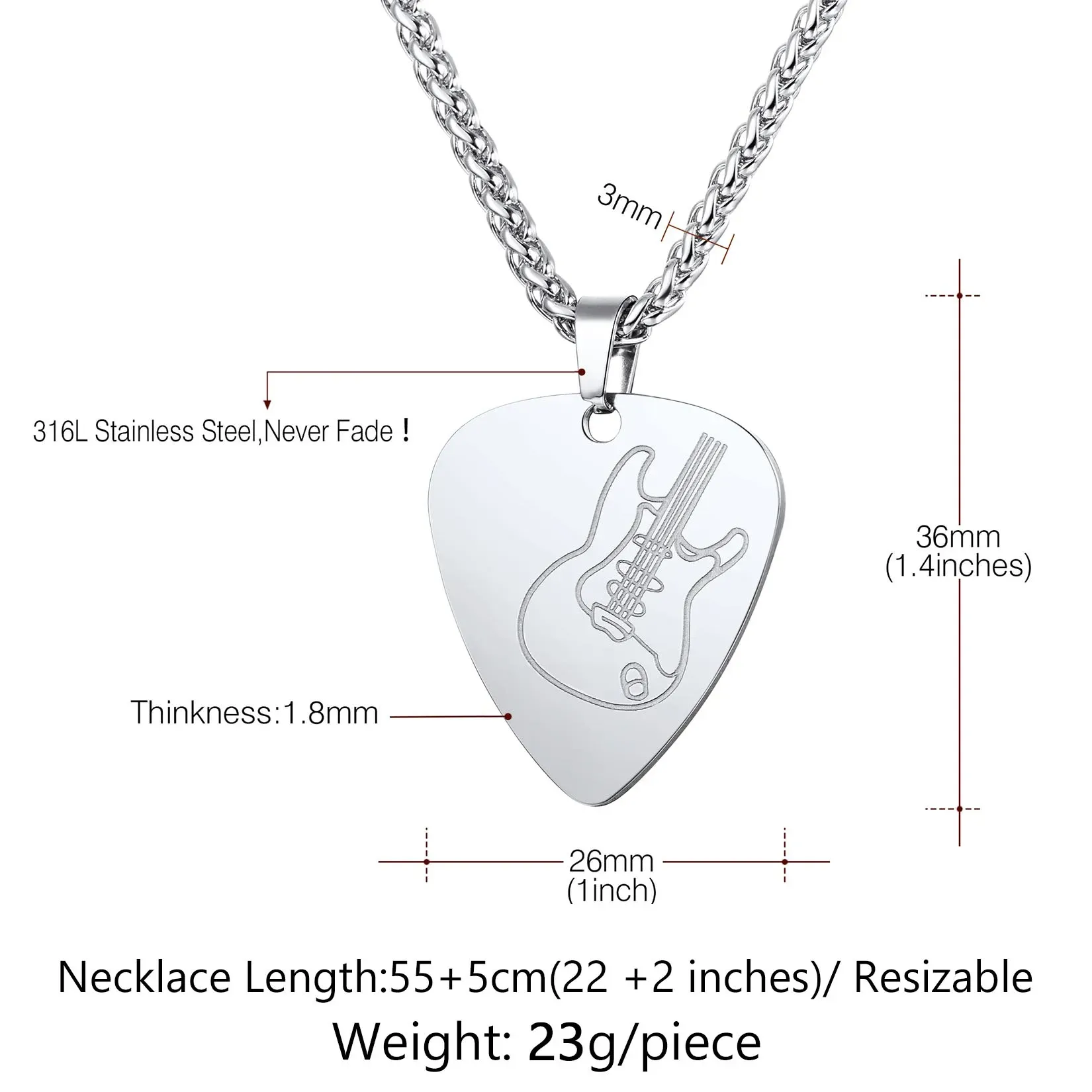 Collier Médaillon Pick de Guitare Personnalisé Taille
