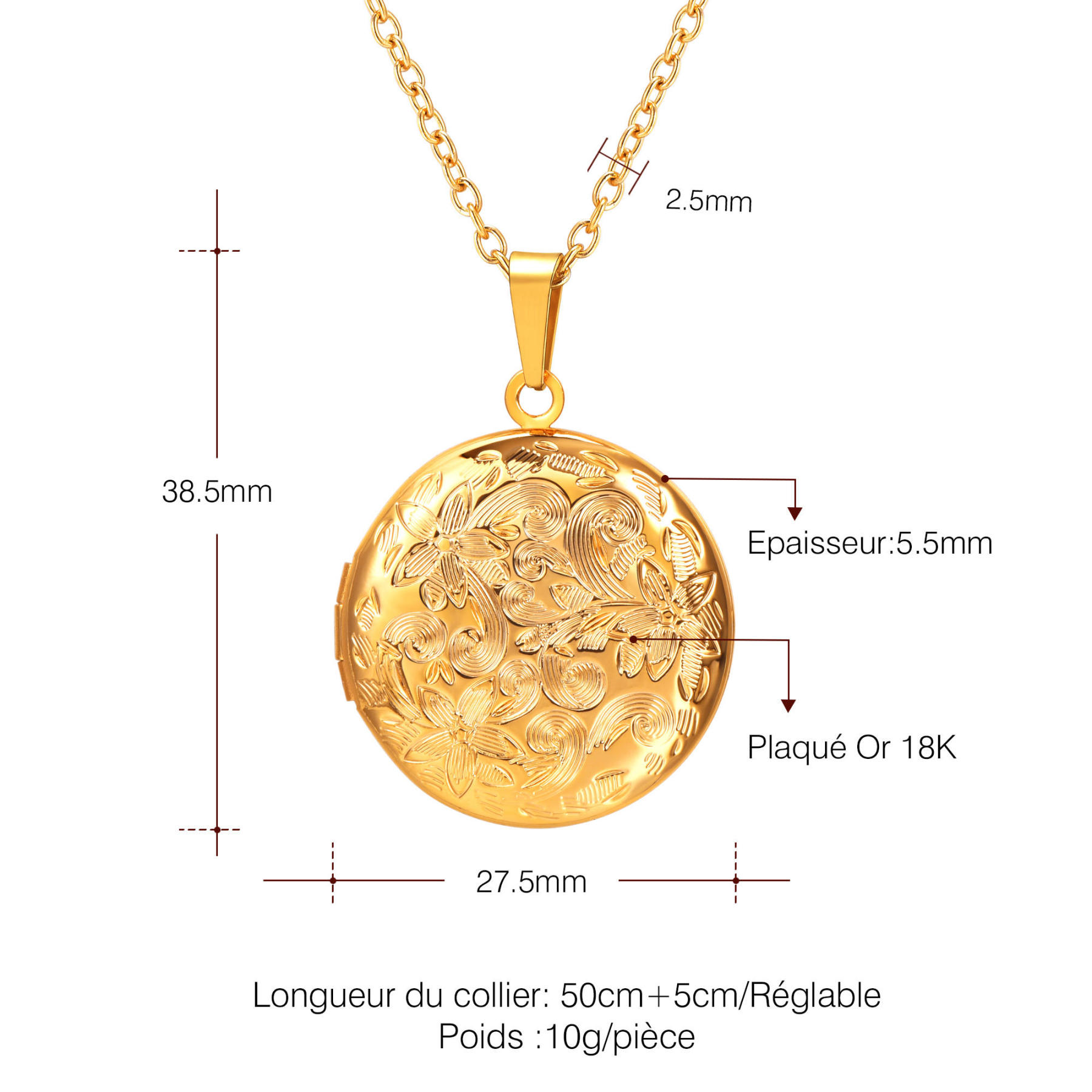 Collier Médaillon Personnalisé Chaîne Réglable pour Femme Taille