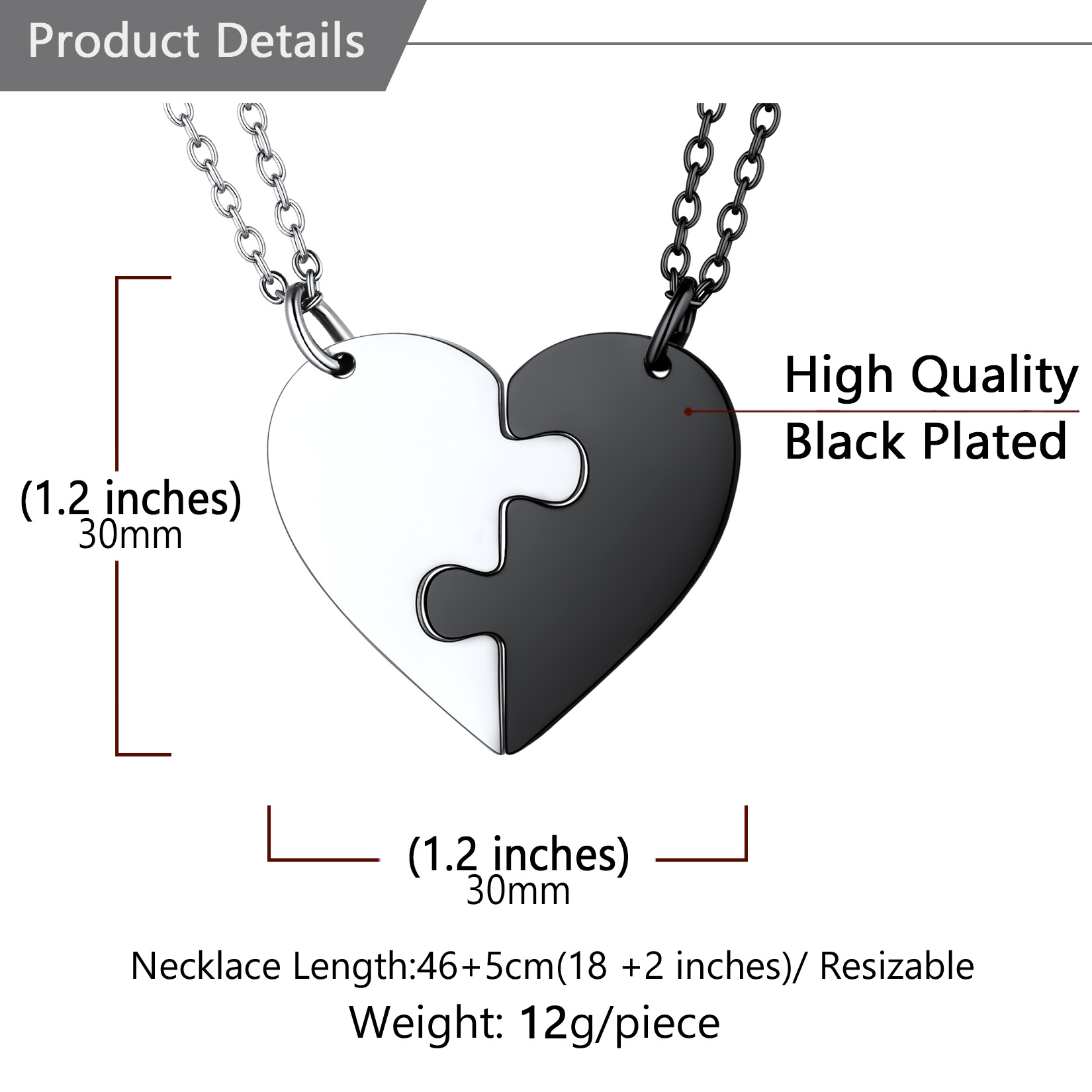Collier Puzzle Cœur Gravé avec Nom pour Couple Taille