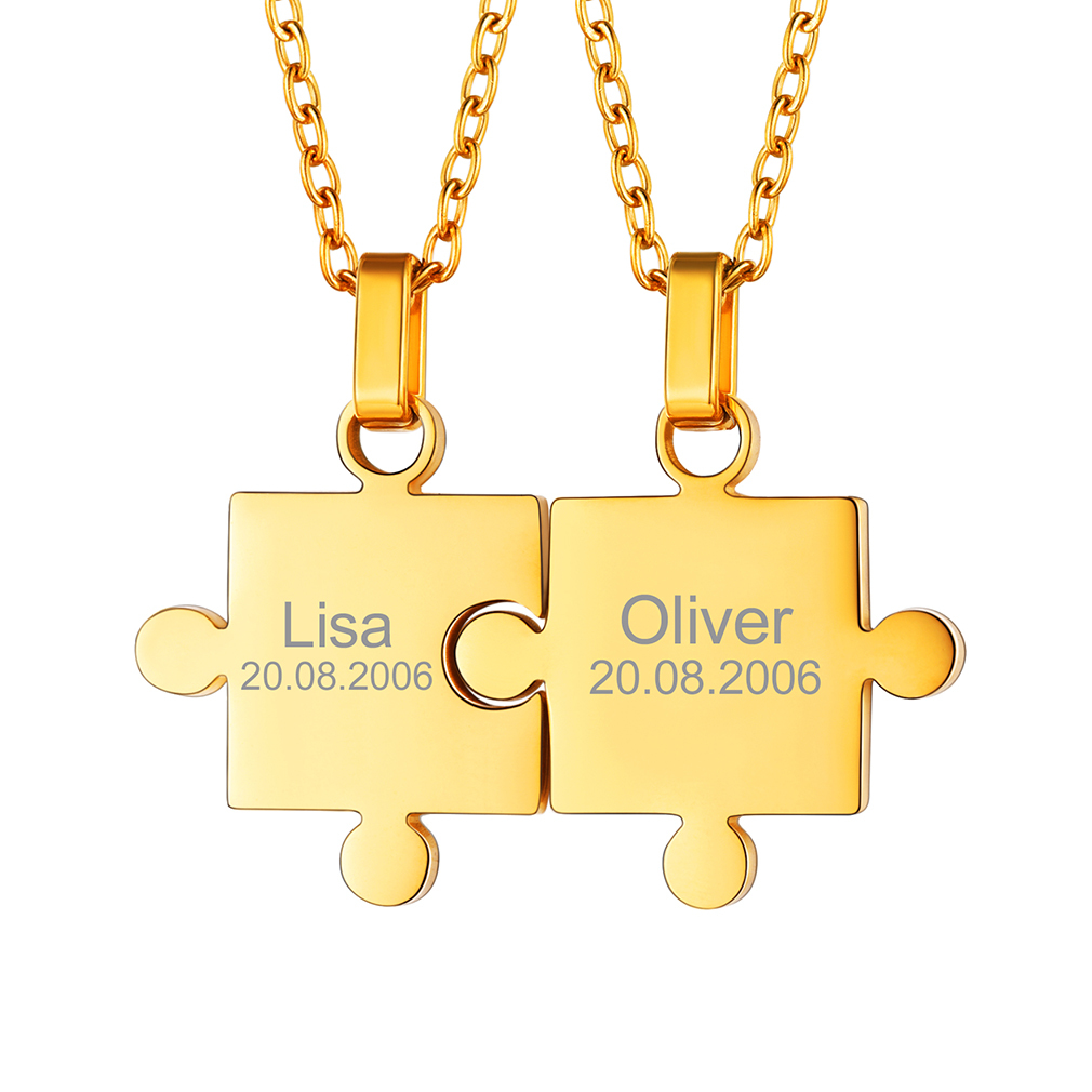 Collier Puzzle Personnalisé Gravé Cadeau pour Couples ou Amis Or